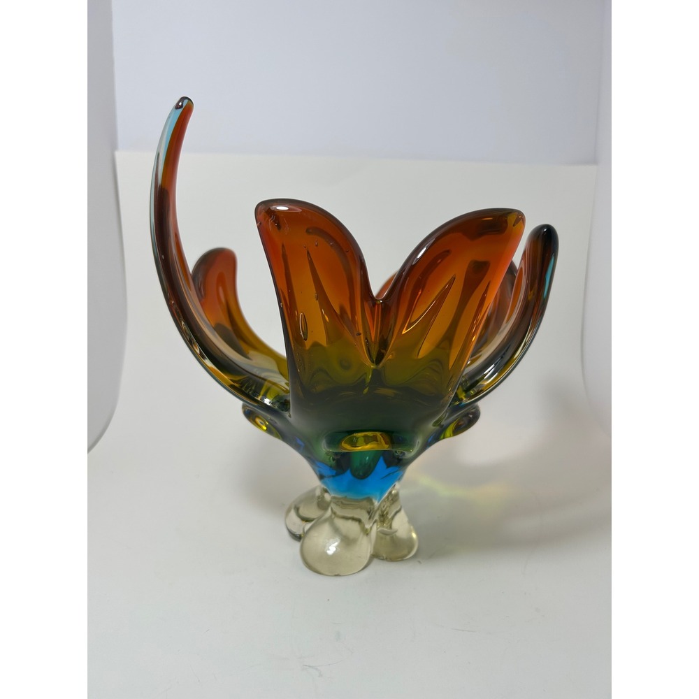 Murano Style Art Glass Sommerso Bowl Amber Green Blue Abstract MCM Decor